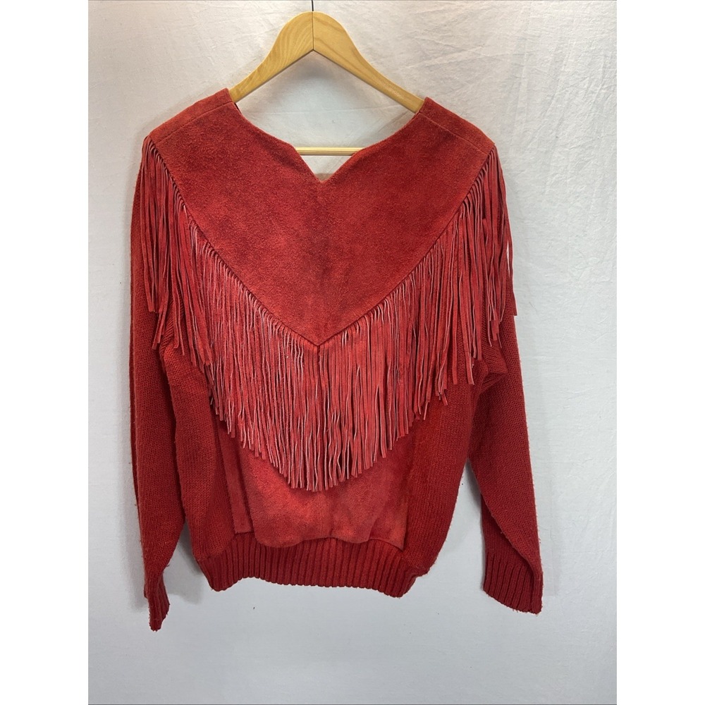 Vtg Pioneer Wear Sweater Womens L Suede Fringe Western Knit Orange 80s Cowgirl